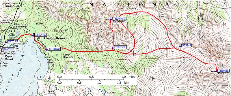 Silver Lake trailhead, Thunder and Thimble climbing route